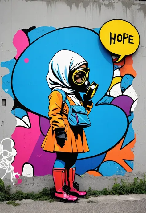 graffiti style comics {{artistic digital painting} A graffiti comic in the style of Banksy and streetart. The composition shows a girl in a gas mask standing near a bold outlined thought bubble that says "Have hope". She is surrounded by colorful, stylized...