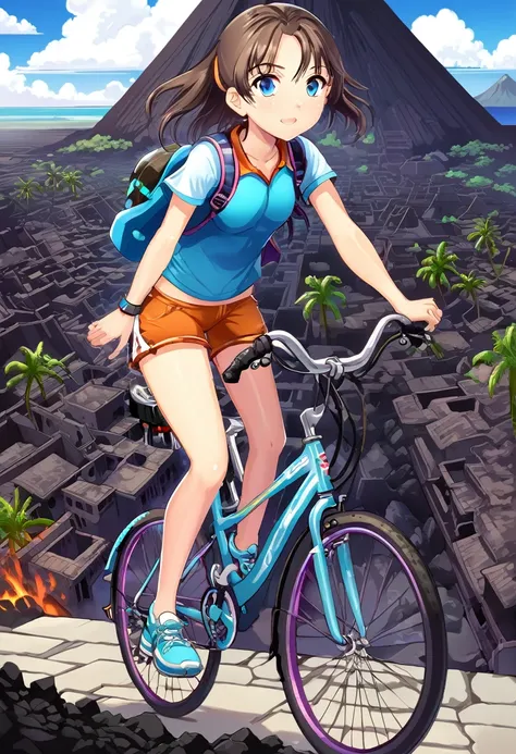 a girl rides a bicycle, in running shorts, short shorts, complex plumbing structure, volcanic city
