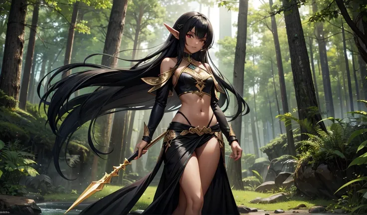 Black-haired elf with pointed ears，dark skin，black persian clothing，Bare waist，transparent long skirt，thong ，forest