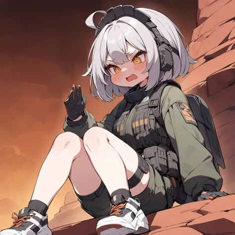 Red Cliff,Solitary,>_<,
masterpiece,best quality,
VALIDITY, tactical_jacket, shorts, gloves, high_heel_sneakers, short_socks, headdress, grey_hair, short_hair, ahoge, yellow_eyes simple background,White background,