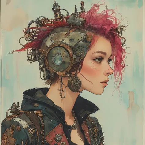 pink Mohawk and steampunk clothing by worlds best photographer, punk rock, extremely realistic, muted colours, soft lighting, 8k, hi-res,