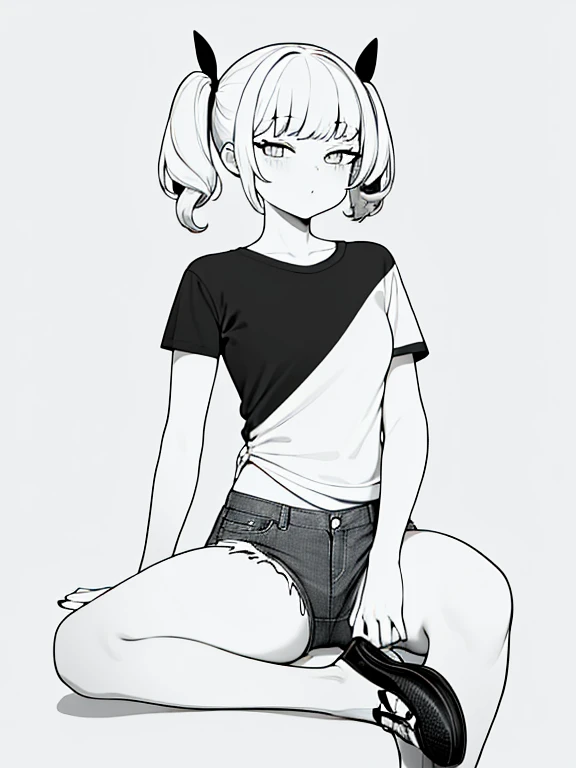 (masterpiece, best quality:1.2), (line drawing), ((monochrome, black and white)), Bun２Cartoon one woman with two hairstyles and short pigtails, (30 years old, Hair color is dark gray), long eyes, Simple short-sleeved T-shirt with no decorations, denim pant...