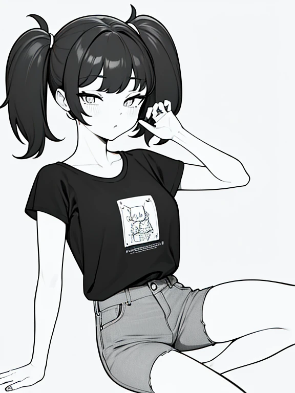 (masterpiece, best quality:1.2), (line drawing), ((monochrome, black and white)), Bun２Cartoon one woman with two hairstyles and short pigtails, (30 years old, Hair color is dark gray), long eyes, Simple short-sleeved T-shirt with no decorations, denim pant...