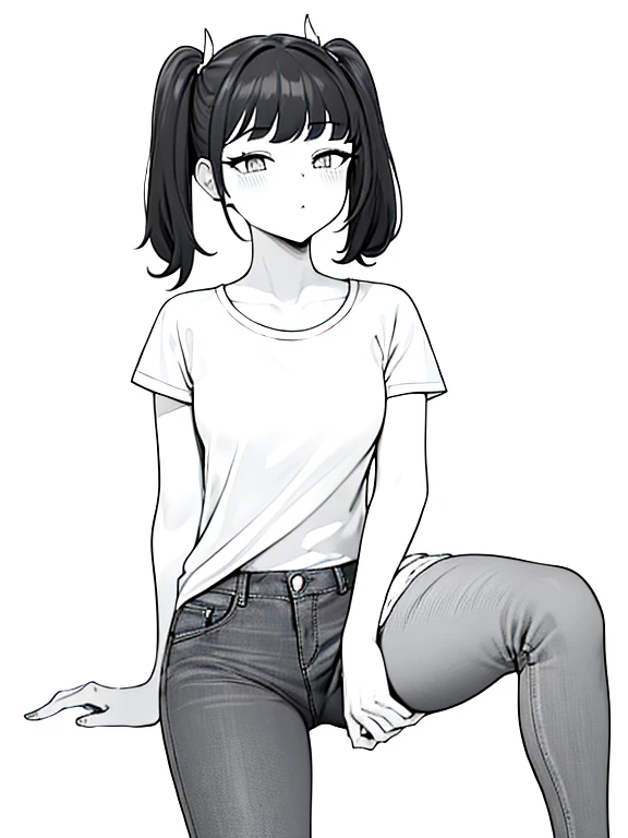 (masterpiece, best quality:1.2), (line drawing), ((monochrome, black and white)), Bun２Cartoon one woman with two hairstyles and short pigtails, (30 years old, Hair color is dark gray), long eyes, Simple short-sleeved T-shirt with no decorations, denim pant...