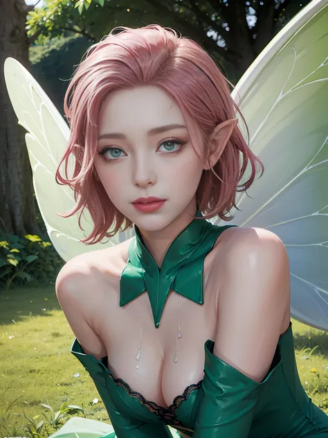 ((((masterpiece, best quality, high resolution)))), Extremely detailed 8K, Beautiful girl with voluptuous body, green eyes, pink hair, detached sleeves, wings, pointy ears, wide sleeves, tree, bug, (wet strapless lightgreen dress), fairy wings, fairy, butt...