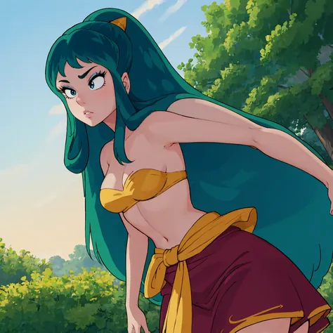 (lum), long hair, breasts, blue eyes, green hair, strapless, makeup, eyeshadow, tiny horns, score_10, score_9, score_8_up, anime...