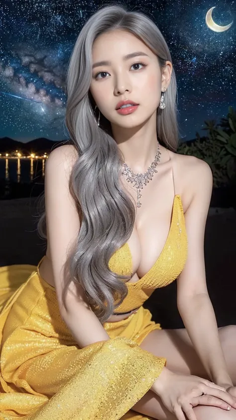 (8K, RAW Photos, Highest quality, masterpiece: 1.2)、((necklace、Gyuru、Yellow Dress、Red panties、Gorgeous dress、all、get up、Crossing your legs)),1 person、((Angle from a distance、Whole body image:、Head to toe angle)), Very detailed, Super Resolution, (Realistic...