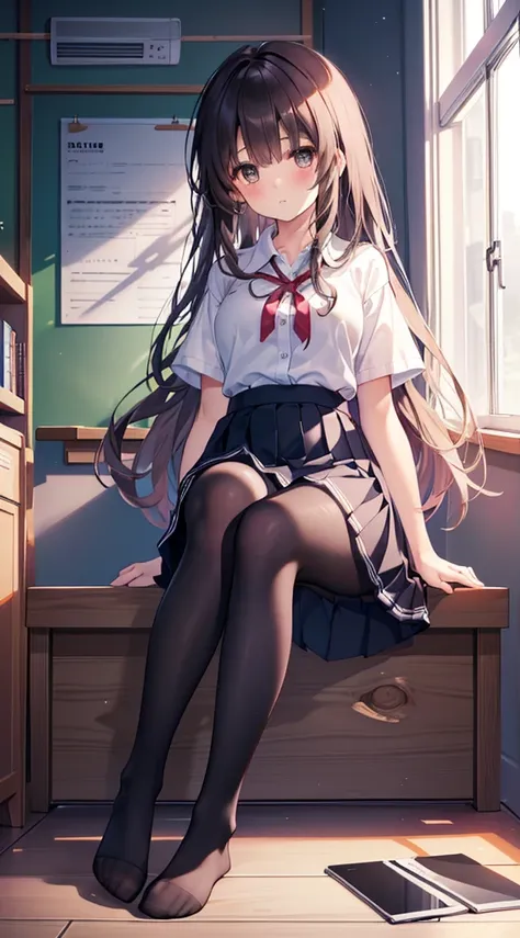 (8K、Best image quality、Highest quality、masterpiece)、One tall girl、((whole body))、Sit on the floor with your legs spread、White panties are visible、Long Hair、Wavy Hair、blush、Medium Bust、White collared shirt、Short sleeve、((Checkered pleated mini skirt))、Class...