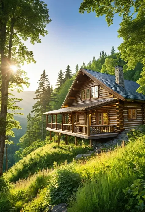 a sprawling log cabin, perched on a verdant hillside, commands a breathtaking view of the surrounding forest. the sunlight bathe...