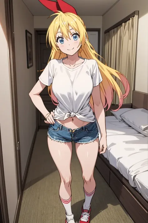 solo, 1girl, chitoge kirisaki,, smile, looking at viewer,my room,small shirts,big breasts,denim shorts,navel,socks,my room