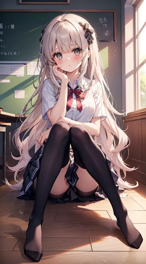 (8K、Best image quality、Highest quality、masterpiece)、One tall girl、((whole body))、Sit on the floor with your legs spread、White panties are visible、Long Hair、Wavy Hair、blush、Medium Bust、White collared shirt、Short sleeve、((Checkered pleated mini skirt))、Class...