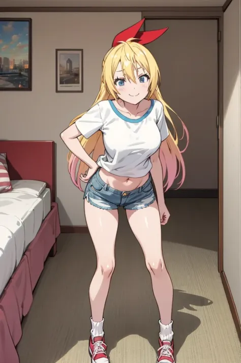 solo, 1girl, chitoge kirisaki,, smile, looking at viewer,my room,small shirts,big breasts,denim shorts,navel,socks,my room