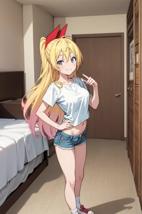 solo, 1girl, chitoge kirisaki,, smile, looking at viewer,my room,small shirts,big breasts,denim shorts,navel,socks,my room