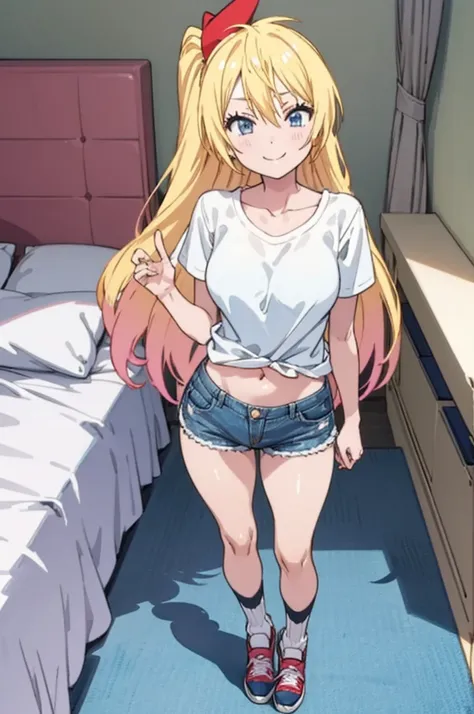 solo, 1girl, chitoge kirisaki,, smile, looking at viewer,my room,small shirts,big breasts,denim shorts,navel,socks,my room