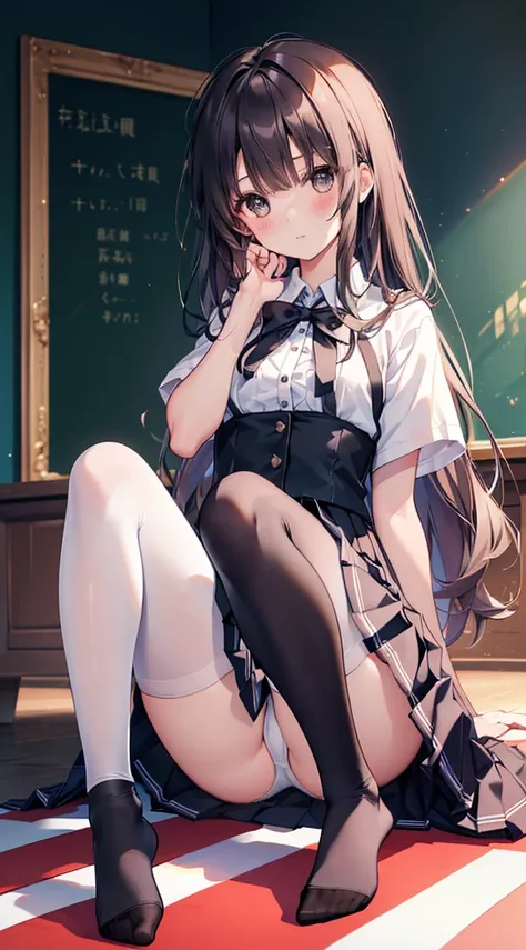 (8K、Best image quality、Highest quality、masterpiece)、One tall girl、((whole body))、Sit on the floor with your legs spread、White panties are visible、Long Hair、Wavy Hair、blush、Medium Bust、White collared shirt、Short sleeve、((Checkered pleated mini skirt))、Class...