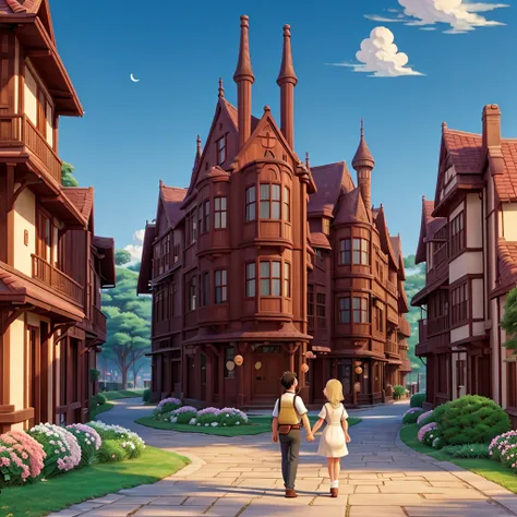 Ghibli style　Howl　Company trip　Stroll through the historic streets　Number of employees: 50　A happy male employee　Female Employees　president