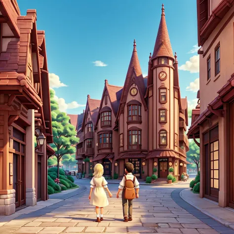 Ghibli style　Howl　Company trip　Stroll through the historic streets　Number of employees: 50　A happy male employee　Female Employees　president