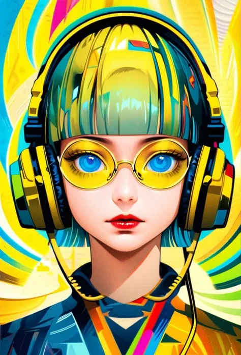 (((yellow glasses:1.3))), headphone, short hair, blunt bangs,Please turn the provided image into a painting keeping the same agape face features and realistic likeness and with the following characteristics: Art Style: Flowing Picasso style. Colors: Vibran...