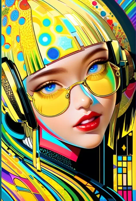 (((yellow glasses:1.3))), headphone, short hair, blunt bangs,Please turn the provided image into a painting keeping the same agape face features and realistic likeness and with the following characteristics: Art Style: Flowing Picasso style. Colors: Vibran...