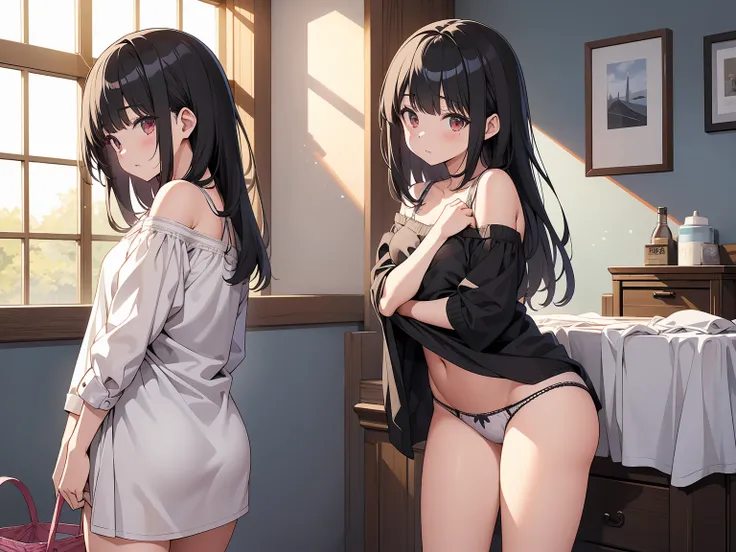 High resolution、4K quality、Super quality、younger sister、Lolita、The viewpoint being observed、pantiesが床に落ちている、白のコットンpanties、panties、used underwear、Crotch stain、Scattered underwear、panties単体、Laundry basket、strip、Underwear is scattered、Underwear is scattered、床...