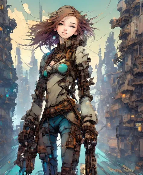 Ultra high-resolution masterpiece, best quality, ultra-detailed representation , ((a tween girl wearing large mecha-arm and mecha-suit)), cute,as she protects the city. The girl should have a brave and determined expression. The background should depict a ...