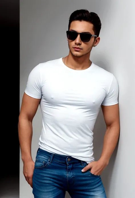 a man is standing in plain white background wearing oversized plain black t-shirt. 25-year-old, black plain t-shirt, light blue jeans, with sunglasses, 8k selfie photograph.