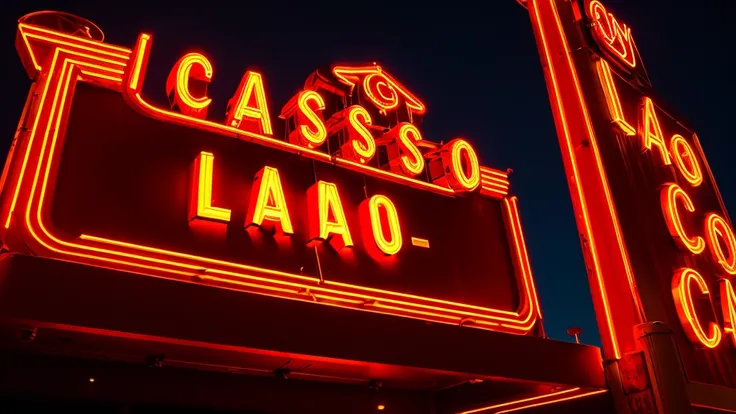 A close-up view of a classic casino neon sign at night in Las Vegas, featuring bold, brightly lit letters spelling CASINO in red with a golden outline. The sign glows vividly against a dark background, capturing the iconic and glamorous ambiance of Las Veg...