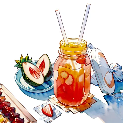 ((masterpiece)), ((best quality:1.2)), ((watercolor)), ((soft color))), ((minimalist)), ((negative space)), ((solid white background)), many type of healthy drinks, orange juice, avocado juice, strawberry juice, grape juice, 5 jar of infused water containi...