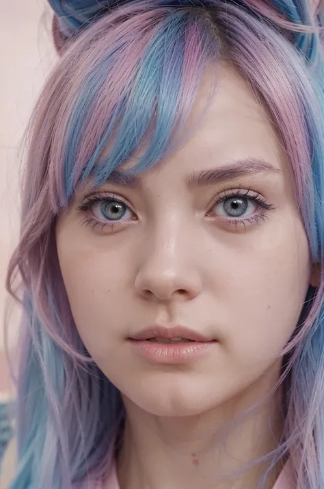 anime girl with pink and blue pastel coloured hair, close up face, a portrait