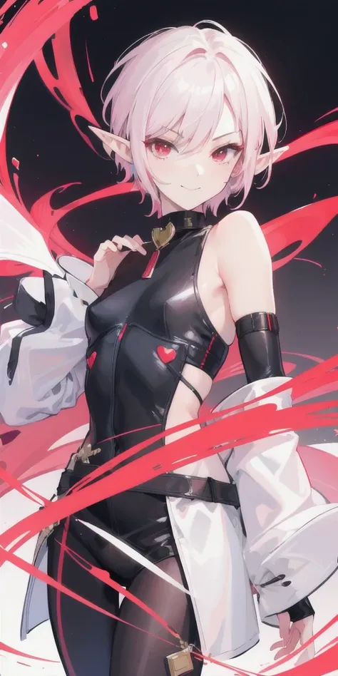 (arte anime, work of art, best qualityer, 4K, Icon), Tall and Very Handsome Elf Boy, Short White Hair, Stellar Red Eyes, Cute Bat Wings Behind the Back in Pink, Fitted Body Blouse with Sleeveless Roll Collar in Black with Red Outline Zipper from Top to Bot...