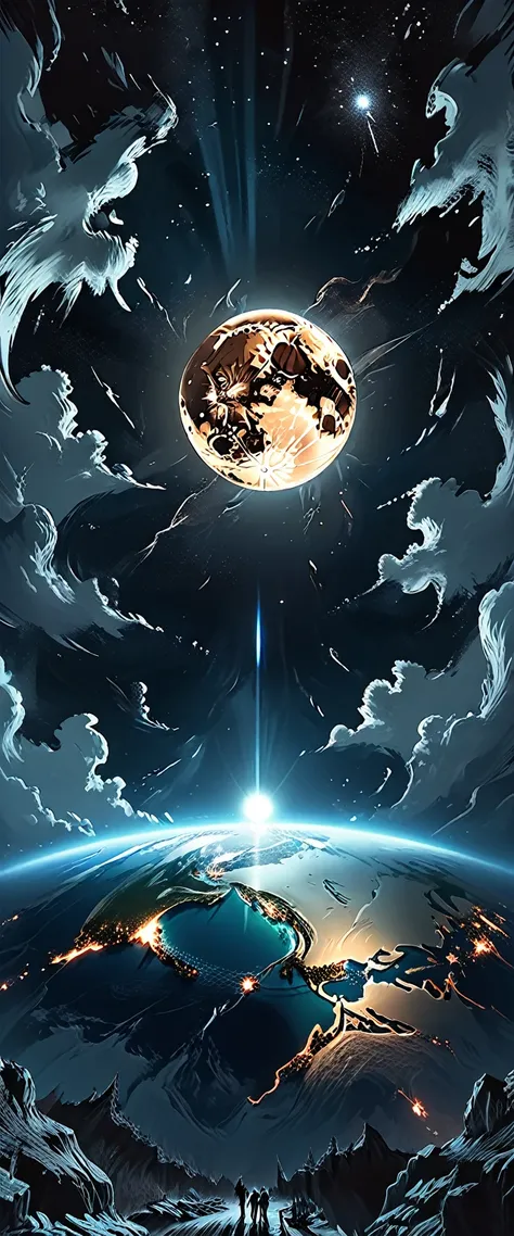 (((planet earth))),planet, space, planet moon, outer space, stars, open space,  night, continents, graphic style of novel comics, 2d, 8k, hyperrealism, masterpiece, high resolution, best quality, ultra-detailed, super realistic, Hyperrealistic art, high-qu...