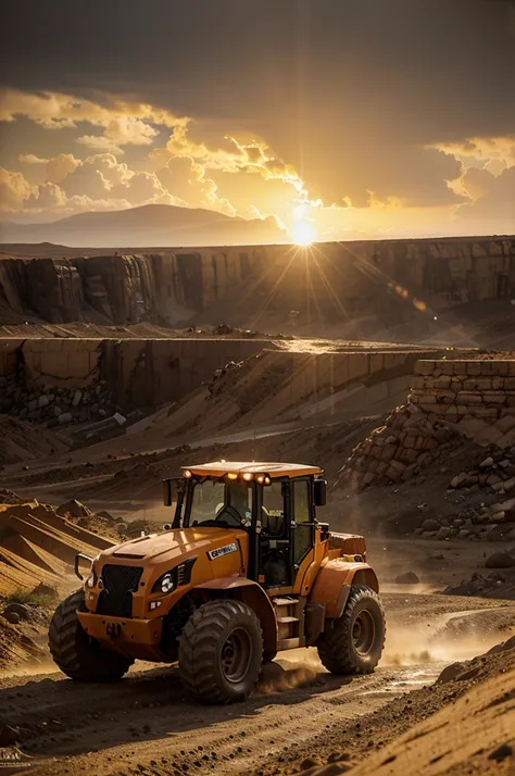 raw, orange lonking wheel loader LG 833 sand desert rocky quarry, epic, absurdres, cinematic, dynamic view angle, volumetric lights, mist, cinematic, dutch angle, quarry, dust, volumetric lights, wet road after rain, mist, sunset, sun low on horizon, cloud...