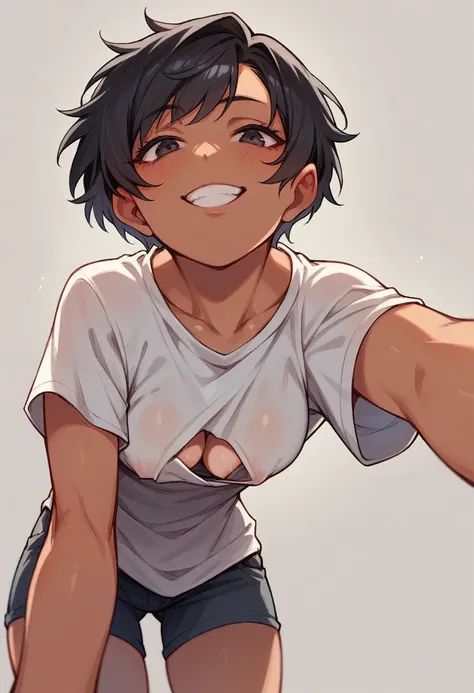 leaning forward,from below,tan,,black hair,short hair,seductive smile,nipple slip from t–shirt,clothed