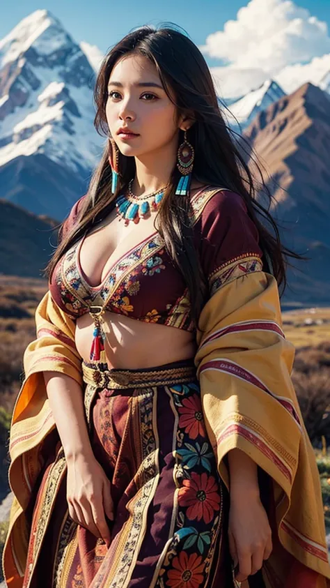 Highly detailed portrait of a very beautiful curvy native american woman, evening sunshine, traditional dress, colourful,  print advertising, vibrant, intricate, high resolution, hdr, close-up, andes mountain background,  