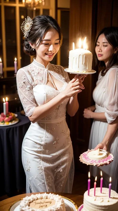 Woman in kebaya smiling blowing out candles from birthday cake. In front of the woman there was a birthday cake