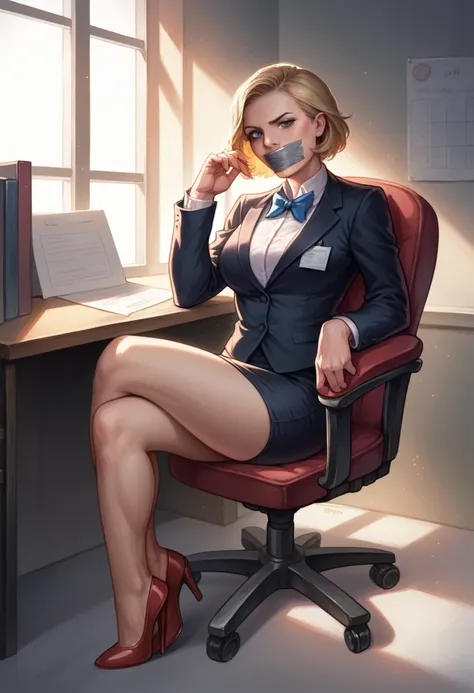 a woman with short blonde bob, elegant dress and blazer, high heels, tied to an office chair, wrists and legs bound, tape gag, sitting in a teachers office, dramatic, cinematic lighting, photorealistic, highly detailed, hyper-realistic, 8k, masterpiece