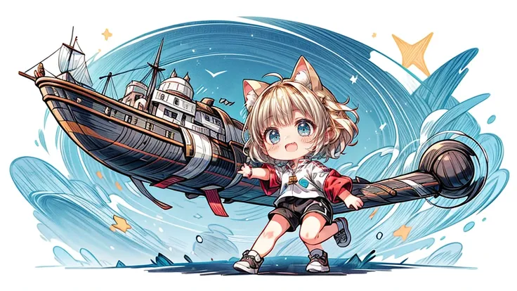 Chibi Character、Dynamic pose、look up、short hair、Cat ear、Flying Airship, Full of air,One girl、Big smile、Blonde Hair、Short Hair、Inner curls、紺色のTracksuits_White line from shoulder to wrist、Black shorts、Black sneakers_No socks、Tracksuits、Turquoise Eyes