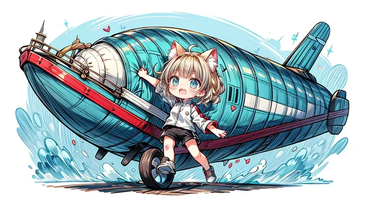 Chibi Character、Dynamic pose、look up、short hair、Cat ear、Flying Airship, Full of air,One girl、Big smile、Blonde Hair、Short Hair、Inner curls、紺色のTracksuits_White line from shoulder to wrist、Black shorts、Black sneakers_No socks、Tracksuits、Turquoise Eyes