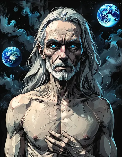 
Elderly Manholds in his hands the planet earth, outer space, vishai, a giant grandfather between whose hands is the earth, geometric composition,, Elderly, [Nordic] anorexic , Long gray hair, Old white skin, Round blue eyes, Oval faces, anorexic small nec...