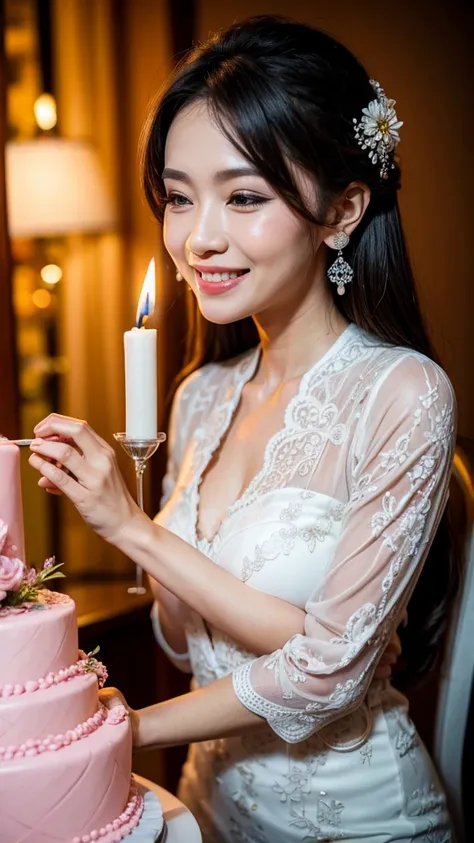 Woman in kebaya smiling blowing out candles from birthday cake. 