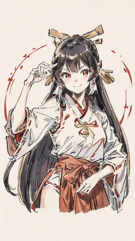 The image shows an illustrated character, likely from an anime or manga. The character has long dark hair and is wearing a traditional shrine maiden (miko) outfit, consisting of a white top (haori) with red accents and a red skirt (hakama). The character i...