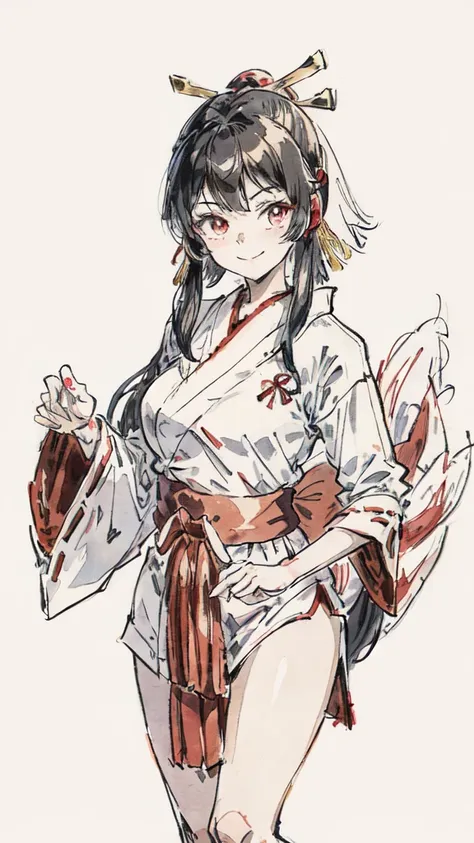 The image shows an illustrated character, likely from an anime or manga. The character has long dark hair and is wearing a traditional shrine maiden (miko) outfit, consisting of a white top (haori) with red accents and a red skirt (hakama). The character i...