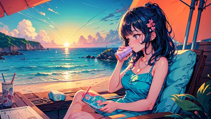 There is a woman sitting on a towel sipping a coconut drink, In the style of digital illustration, stylized digital illustration, Just a joke, Great illustrations, Lo-fi Girl, Chill Hop, Relaxing concept art, Beautiful digital illustrations, Relax on the b...