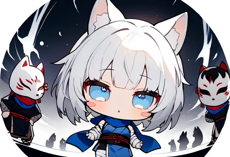 Black Hai Niso。solo、1 person、whole body、Fall down、sleep、sleep、Stickers、White Gauntlet、chibi,No sleeve、Bleaching、(masterpiece, best quality:1.2), 1girl, 独奏,Wolf girl, fox mask, ninja, girl, white hair, odd eyes, blue kimono, ninja girl, red and blue scarf,C...