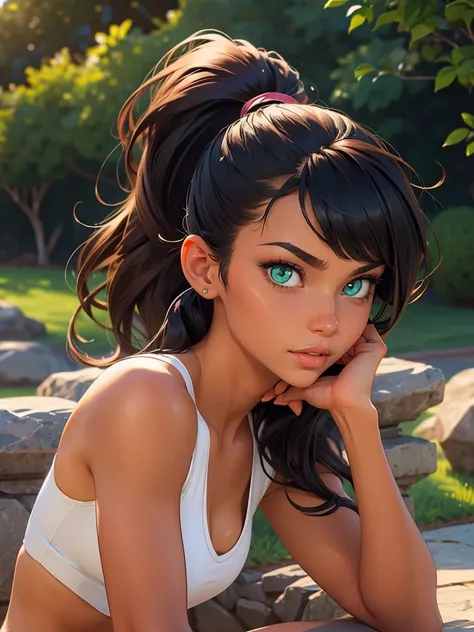 (best quality), 1girl, female, bronze skin, black hair, high ponytail, side swept bangs, long hair, green eyes, perfect eyes, tan lines, athletic, smug, masterpiece, anatomically correct, highres
