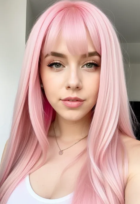 um close up de uma mulher com pink  hair e um top preto, pink  hair, pink straight hair, pink  hair claro, com pink  hair, pink  hair longo, long bubblegum hair, bubblegum hair, pastel pink skin tone, long flowing pink hair, pink  hair claro longo, pink  h...