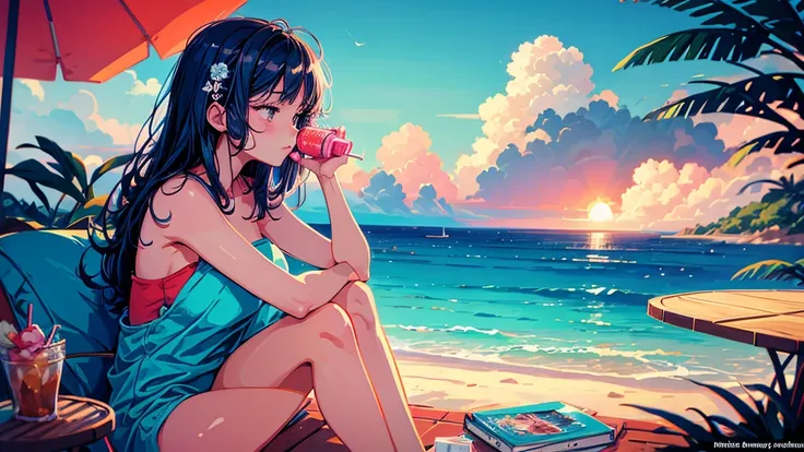 there is a woman sitting on a towel sipping a coconut drink, in the style of digital illustration, stylized digital illustration...