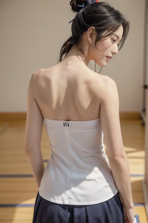 (((best quality))),(((ultra detailed))),(((masterpiece))),illustration,1girl,solo,short ponytail,slim,thin,((strapless,shoulder off,bare back,towering hips,butt crack)),white collar,white tank top,maxi navy-blue kendo hakama,standing in kendo gym,focused a...