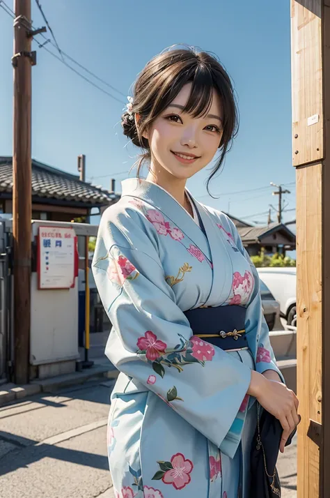 A beautiful smiling woman in a kimono greets people with a cheerful "Good morning" as her arms open under the blue sky