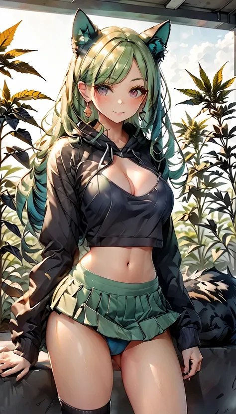   , Croped, , cleavage, slim waist, cropped hoodie underboob, cropped hoodieunderboobhoodie, 1girl, 2 wolf ears, wolf tail, marijuana crop hoodie, crop shorts, marijuana hoodie, spiky hair, spiky fur, green hair, red eyes,marijuana field, tight clothes, pe...